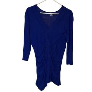 A.N.A Blue Ruched V Neck Top Large Stretch 3/4 Sleeve Fitted Blouse